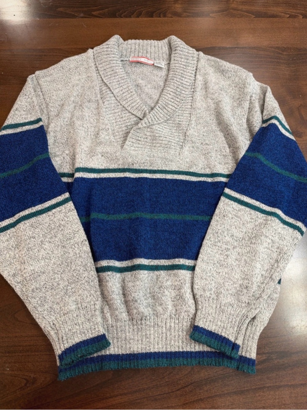 Men's V-Neck Stripe Sweater in Heather Gray with Blue & Green Bands